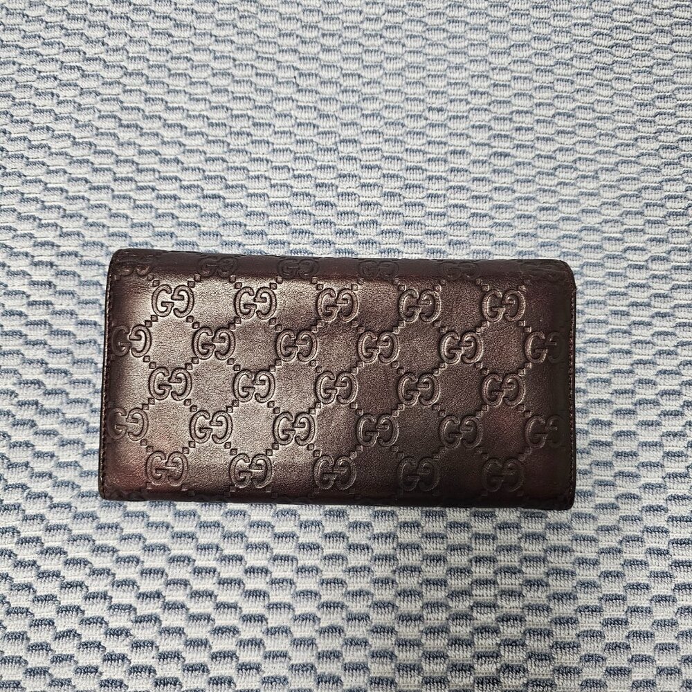 Gucci Guccissima Leather Maroon Brown Long Wallet with Gold Heart GG Design - Picture 3 of 7